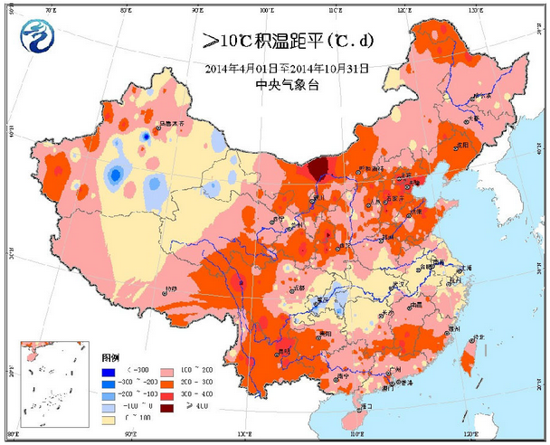 2014年棉花全生育期≥10℃积温距平